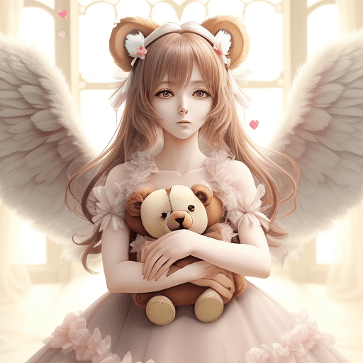 AI generated: A beautiful mesmerizing female anime human with teddy bear ears and  wings carrying a heart in a rea...