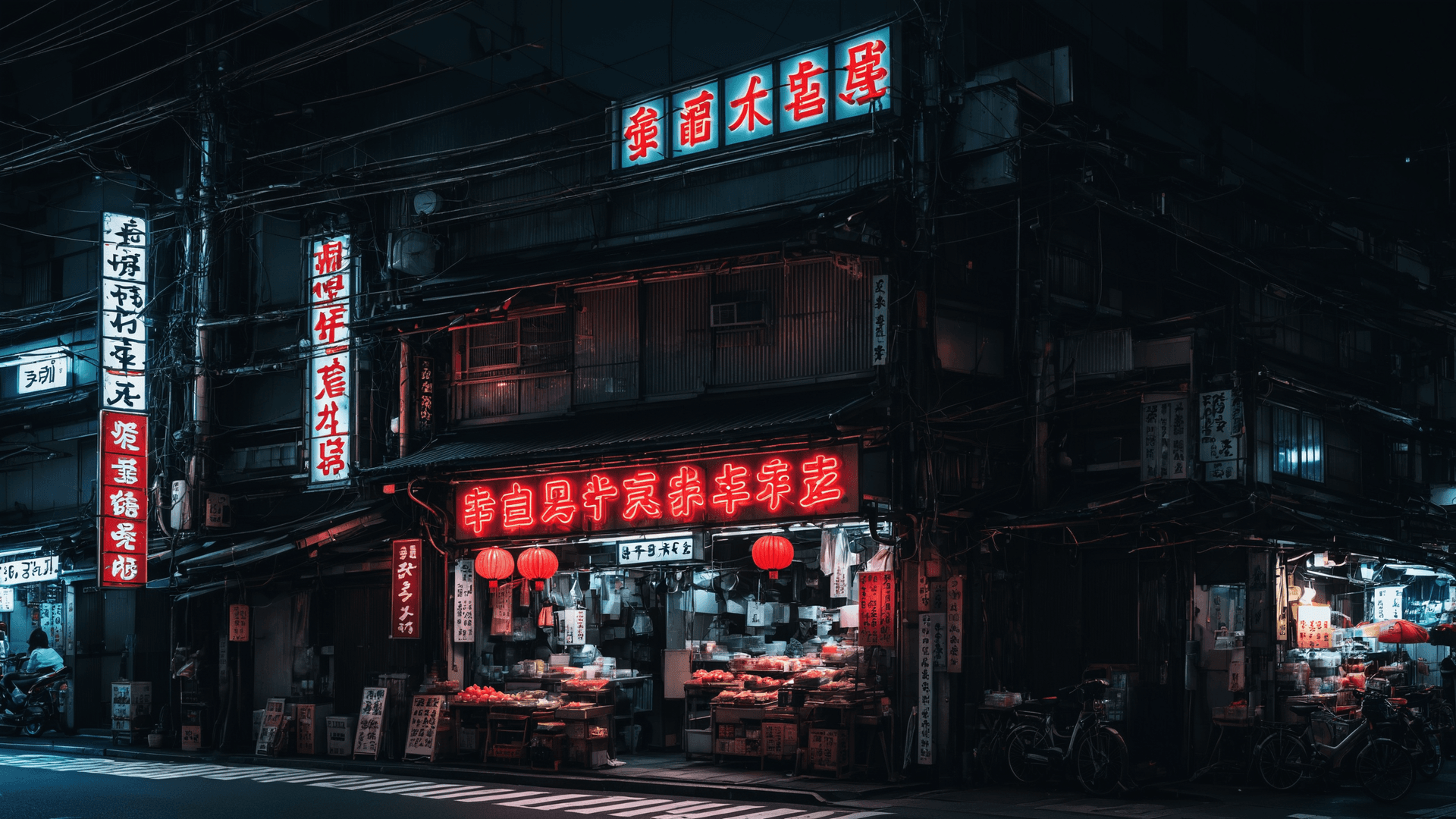 AI generated: a building with a neon sign, dark atmosphere, Japanese street market, night