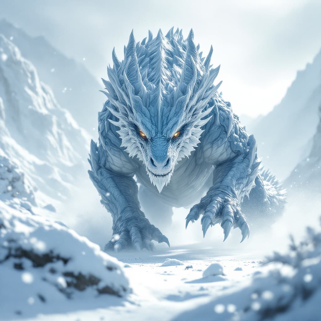 AI generated: A majestic, enormous dragon, with scales glistening like polished ice, is running directly towards t...