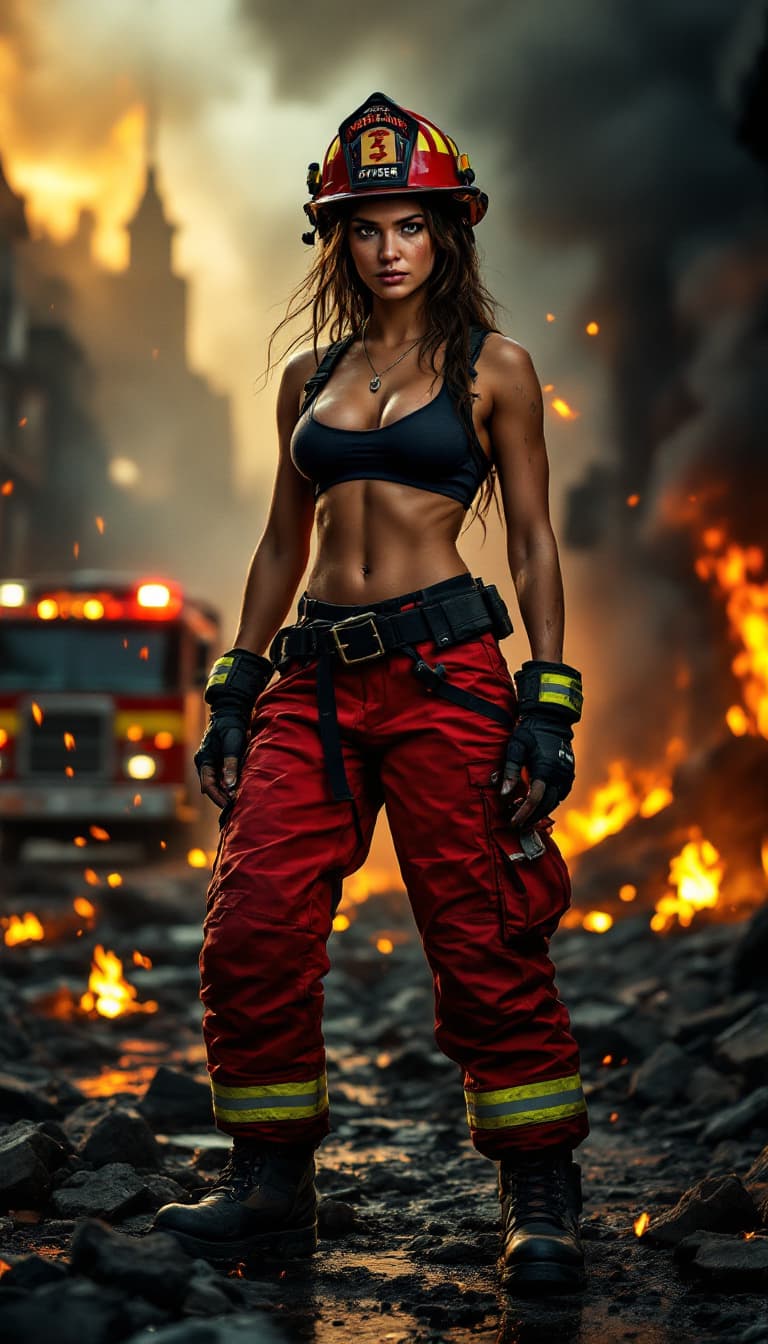 AI generated: a fierce and confident female firefighter standing amidst a dramatic urban scene of smoldering rubbl...