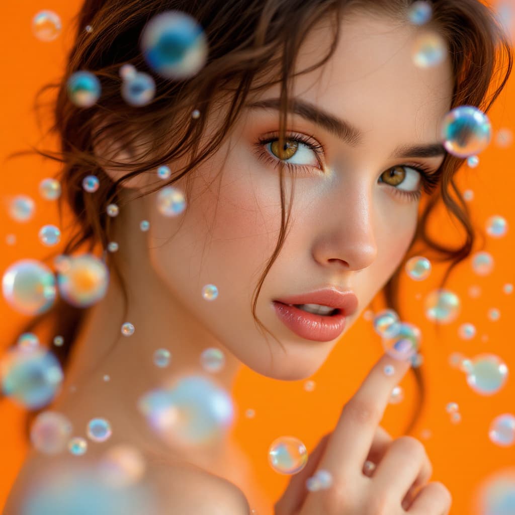 AI generated: photography, orange tone, brunette model with beautiful eyes, solid orange background, with small bl...