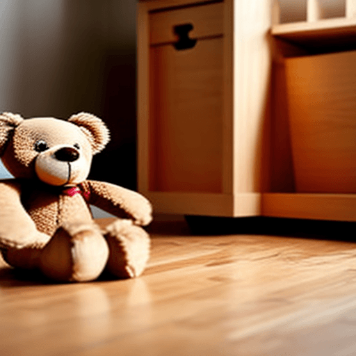 AI generated: a wooden toy box on a floor,  with a small puzzled teddy bear lying alone inside. 
