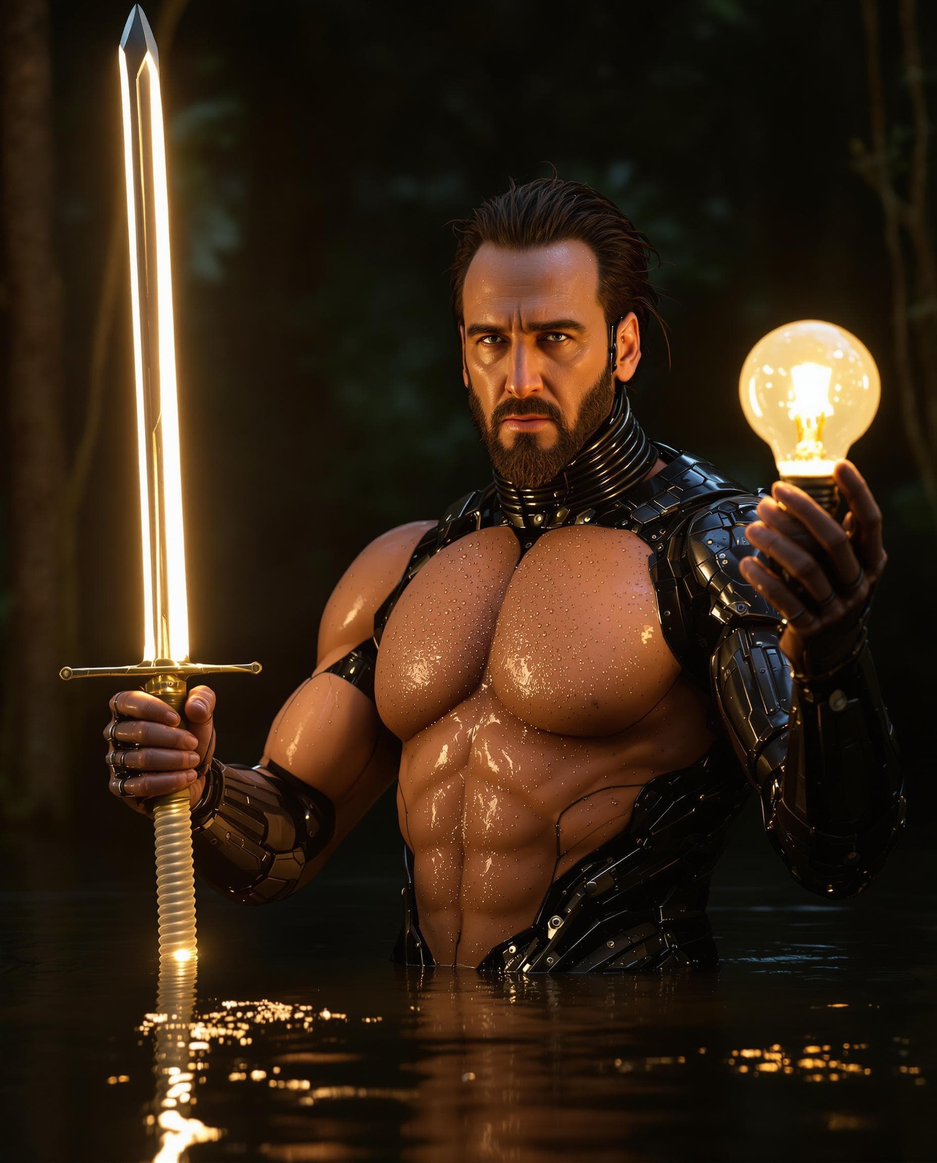 AI generated: The real photo is of a American powerful man Nicolas Cage, with a futuristic cybernetic robot body, ...