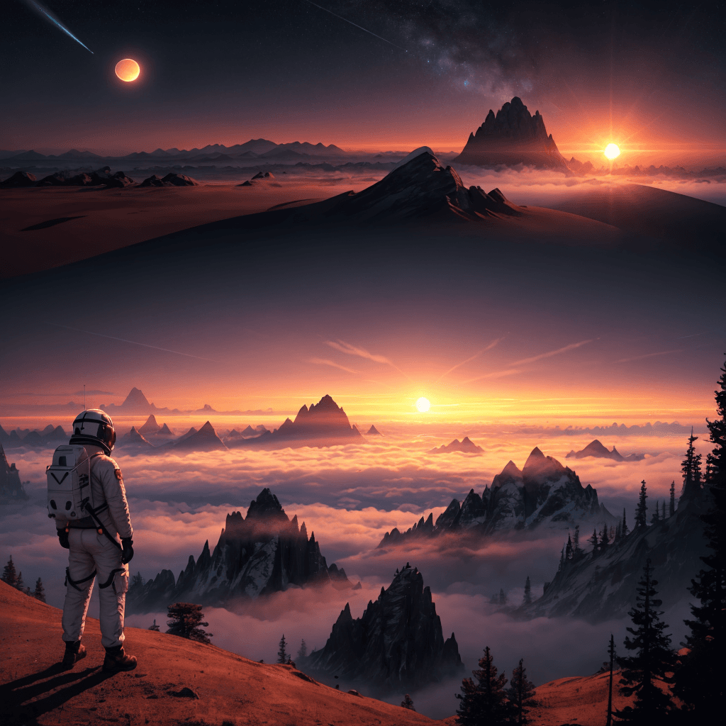 AI generated: An unreal vision of a majestic and alien landscape with a close up view of an astronaut peering into...