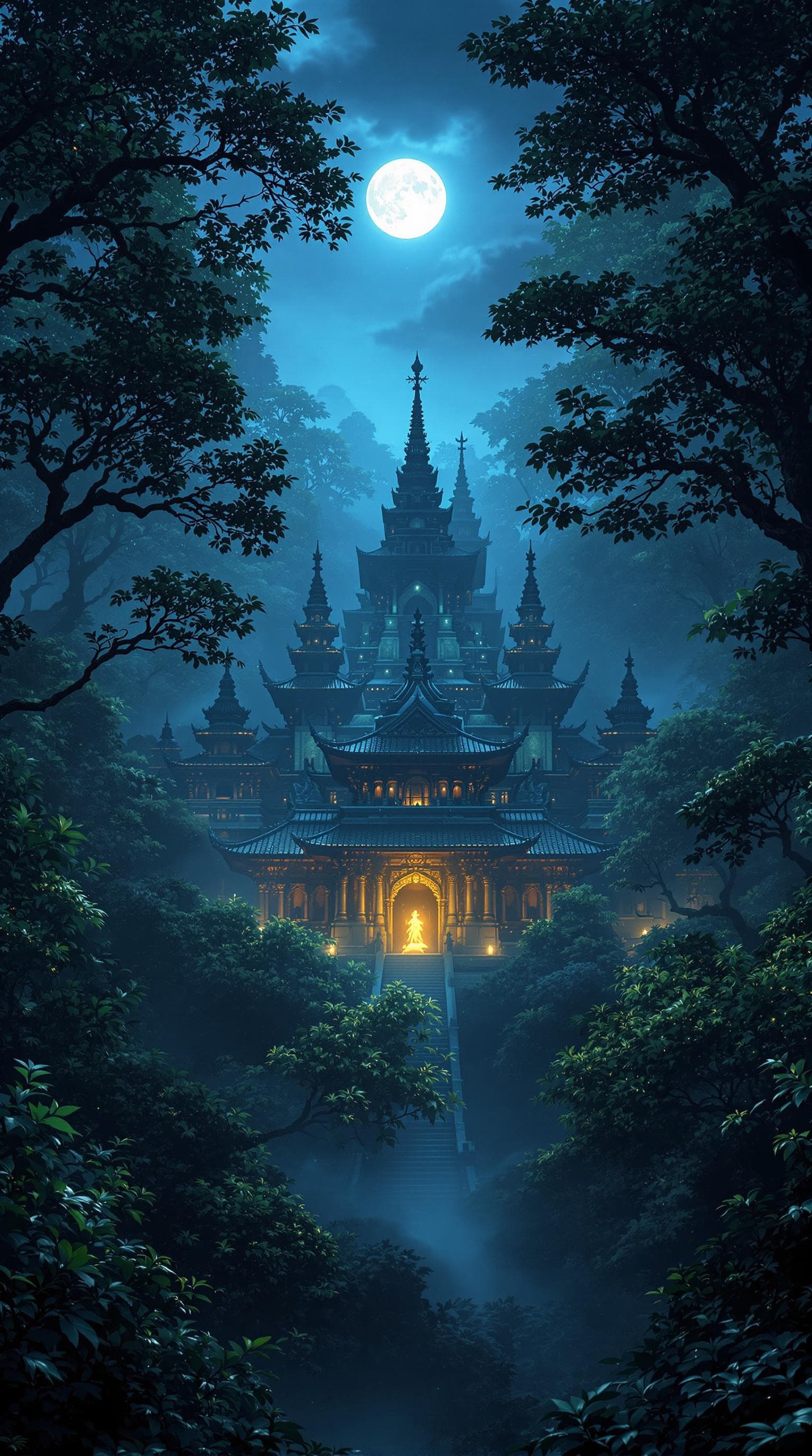 AI generated: Beautiful temple surrounded by dense trees, mysterious ambiance, moonlight shining, 8K resolution