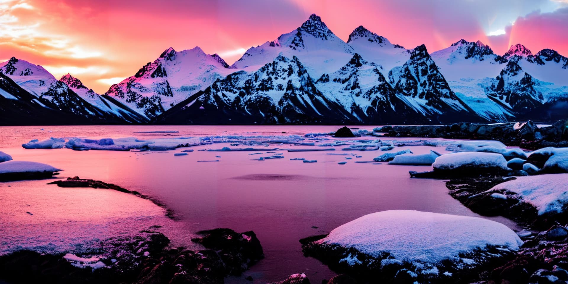 AI generated: Sunset on snowy alaska mountains shore, god rays, beautiful pink and purple sky <lora:epiNoiseoffset...