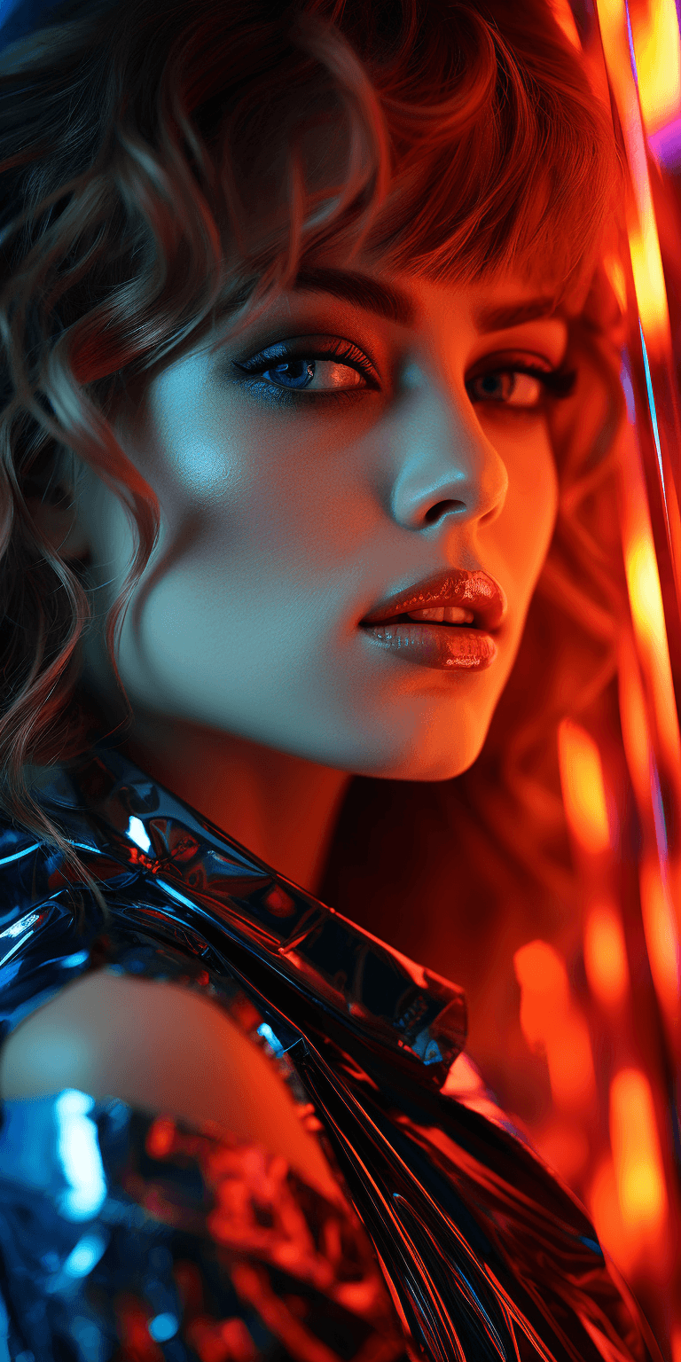 AI generated: beautiful girl in an illusive neon lights photo, in the style of red and azure, close-up intensity, ...