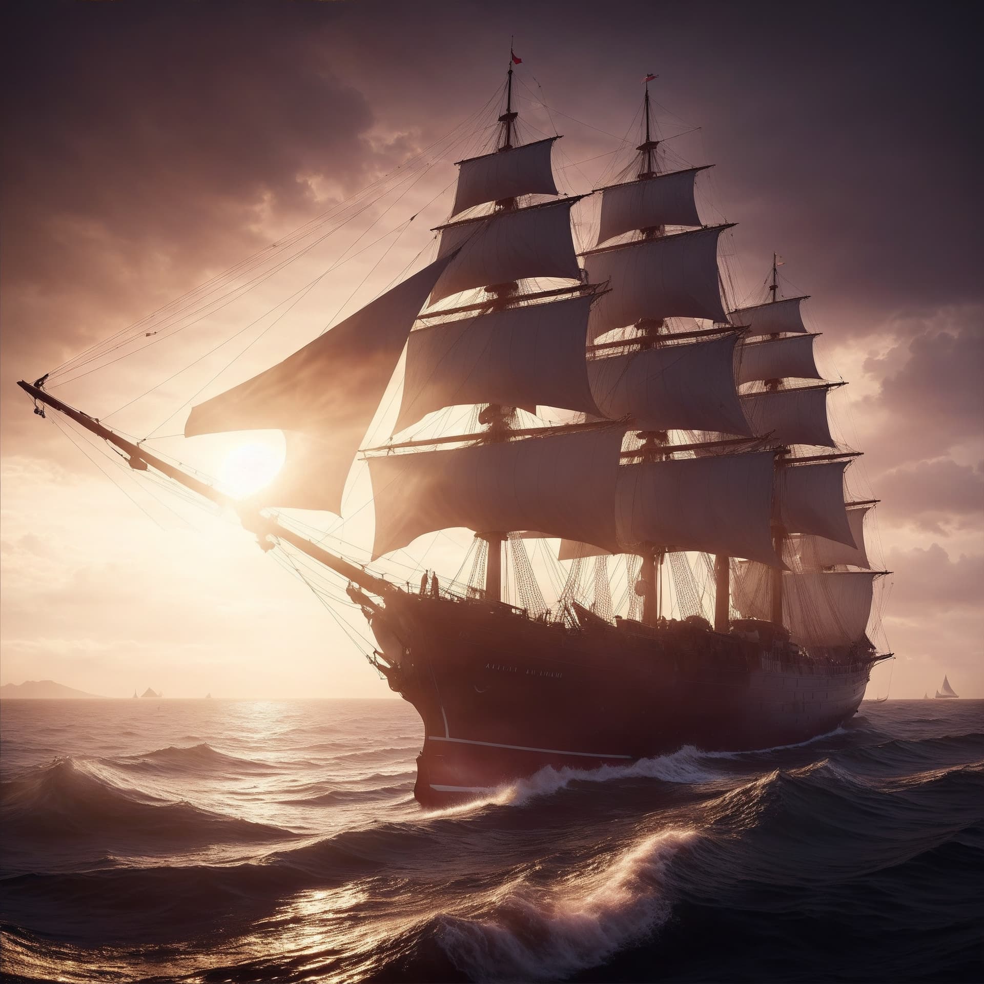 AI generated:  A hyper-realistic sailing ship with dramatic lighting and a pale sunrise in the background. The shi...