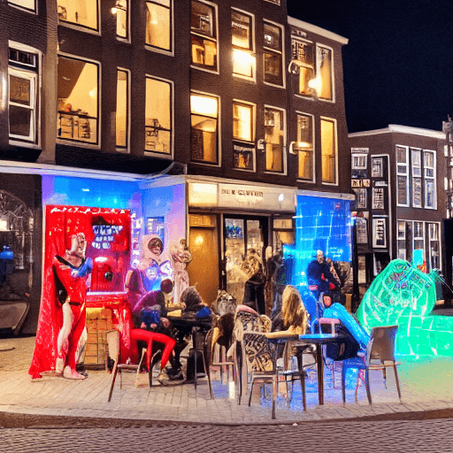 AI generated: High Resolution photo of Heros from Marvel and DC comics are sitting at coffee shop in Amsterdam wit...