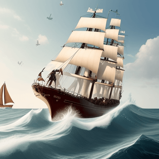 AI generated: the leader and the team members are sailing together towards the goal in one ship against the strong...