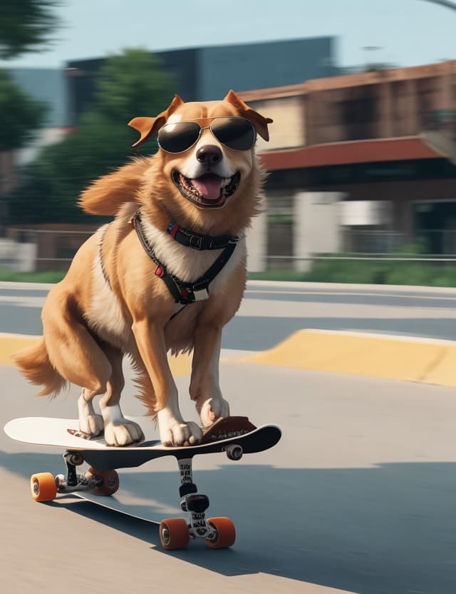 AI generated: A brown-white dog with sunglasses rides on skateboard, 4K, realistic

