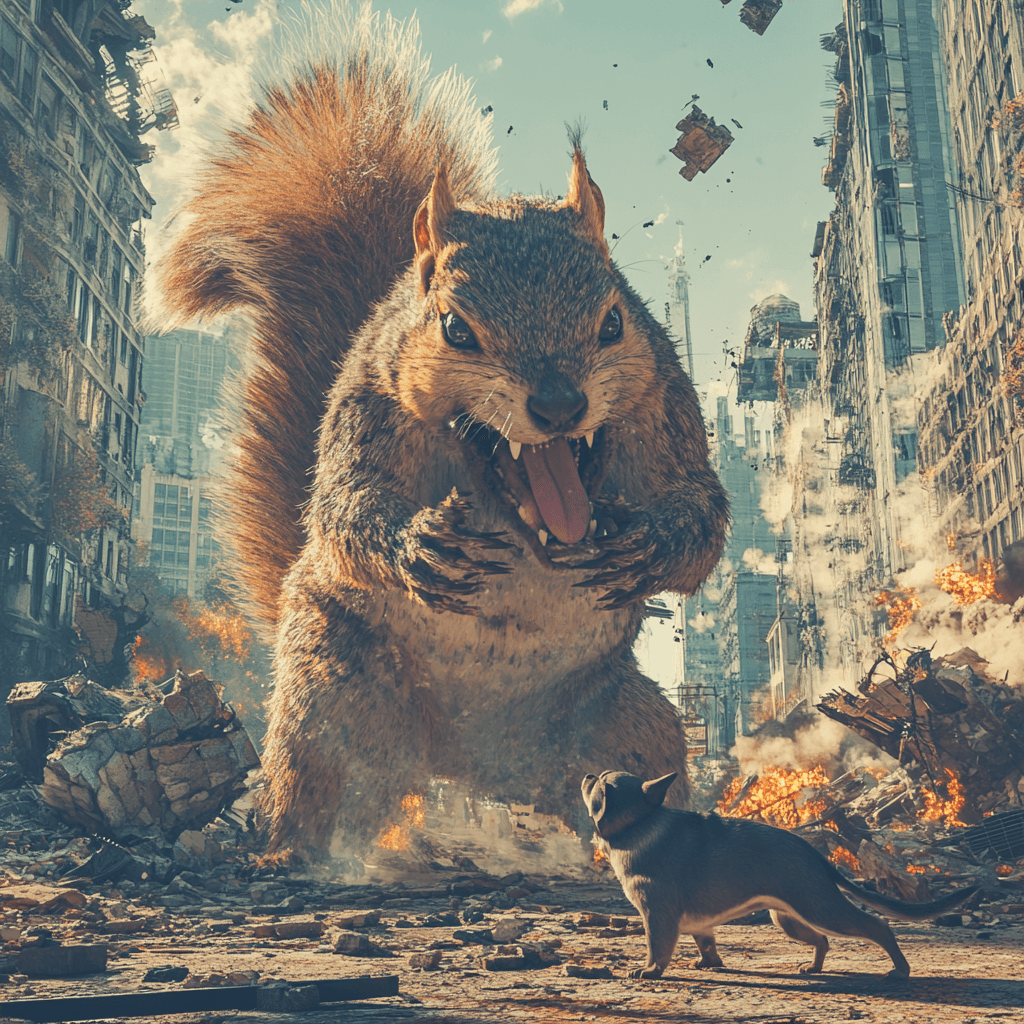AI generated: a huge squirrell fights a dog in a destroyed city, beeple style, king kong vs godzilla inspiration
...