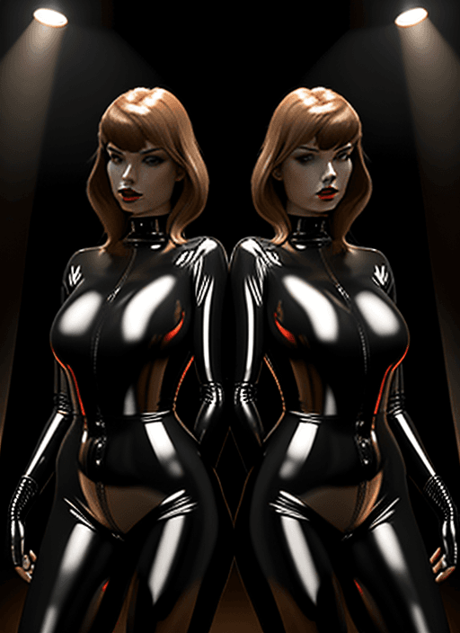 AI generated: Two women in latex gear in a dimly lit room, with a spotlight from the left.