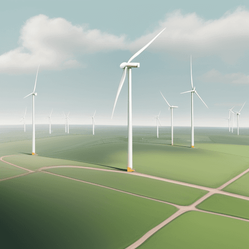 AI generated: Illustration of a wind farm, including representation of the wind.