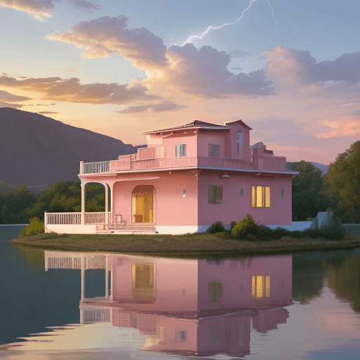 AI generated: Hyper-realistic, American styled house with covered balcony on the front, soft pink colored, lake si...