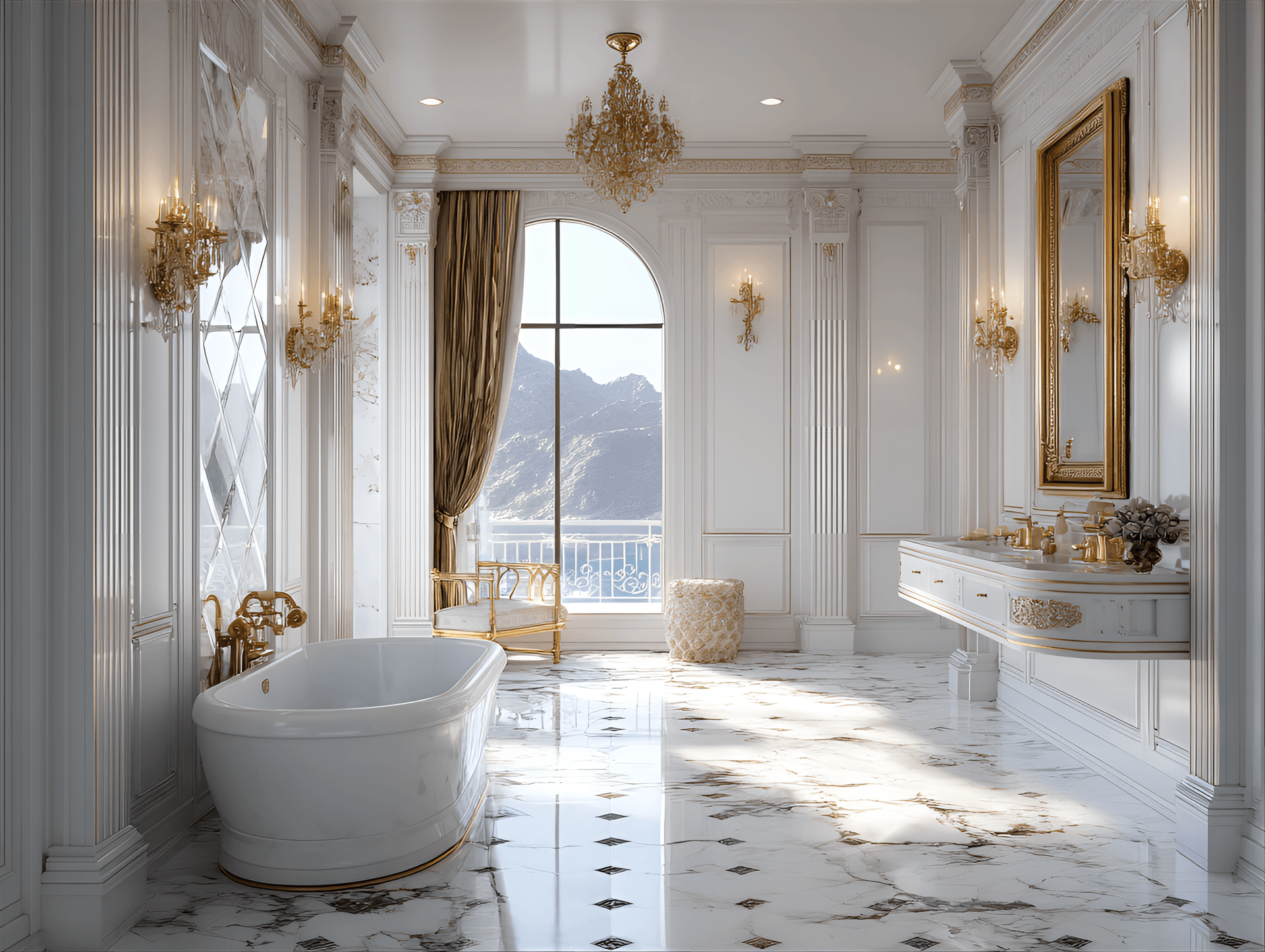 AI generated: A luxurious and elegant bathroom in a Neoclassical-style mansion, with marble floors, a freestanding...