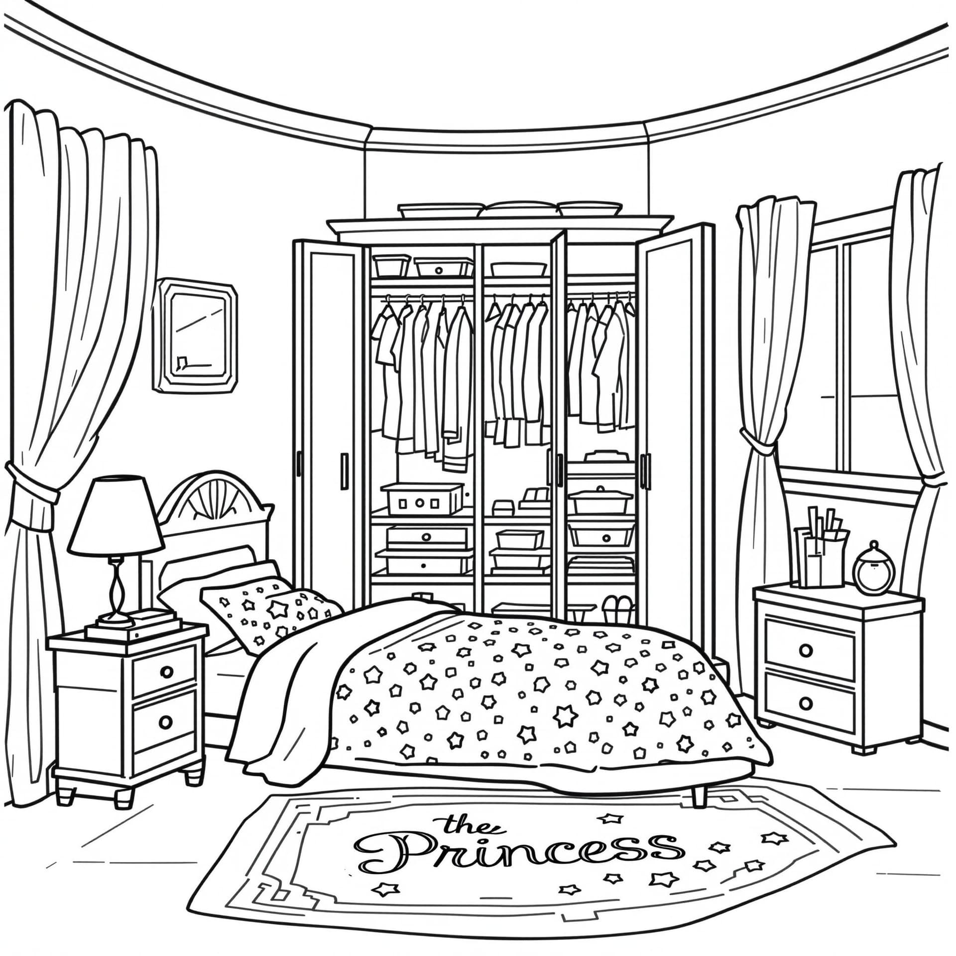 AI generated: Create a high-resolution black-and-white line drawing of a cozy bedroom with a wardrobe. Include det...