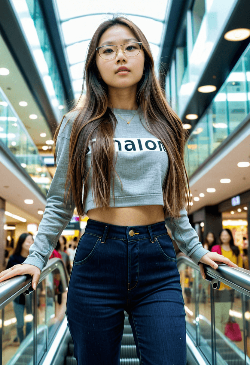AI generated: iphone photo woman (Asian:0.5) (Swedish:0.5) riding an escalator in a mall, long straight brunette h...