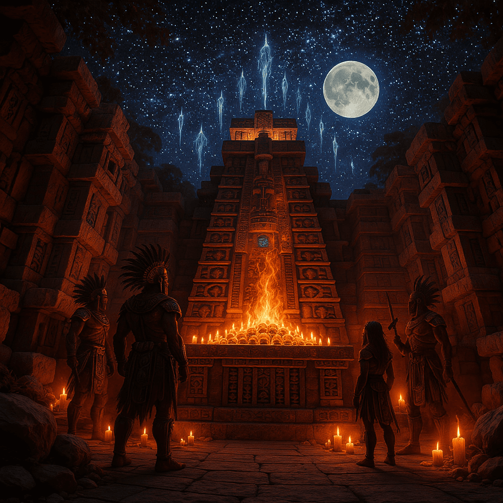 AI generated: Aztec temple night vigil — warriors in obsidian and jade regalia stand guard at a firelit altar of s...