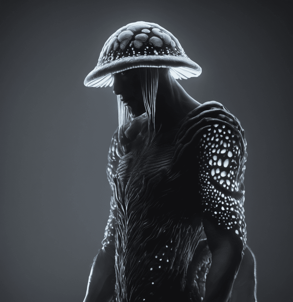 AI generated: A human form creature skin made of mushrooms, black background, neon light in gills inside mushroom,...