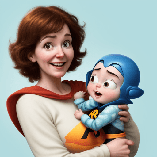AI generated: happy super-mom pixar-like holding baby pixar-like


