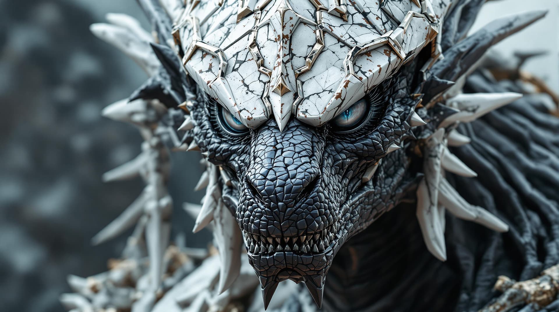 AI generated: close up Portrait of an epic giant black dragon head with the face of greatness, wears white stone h...