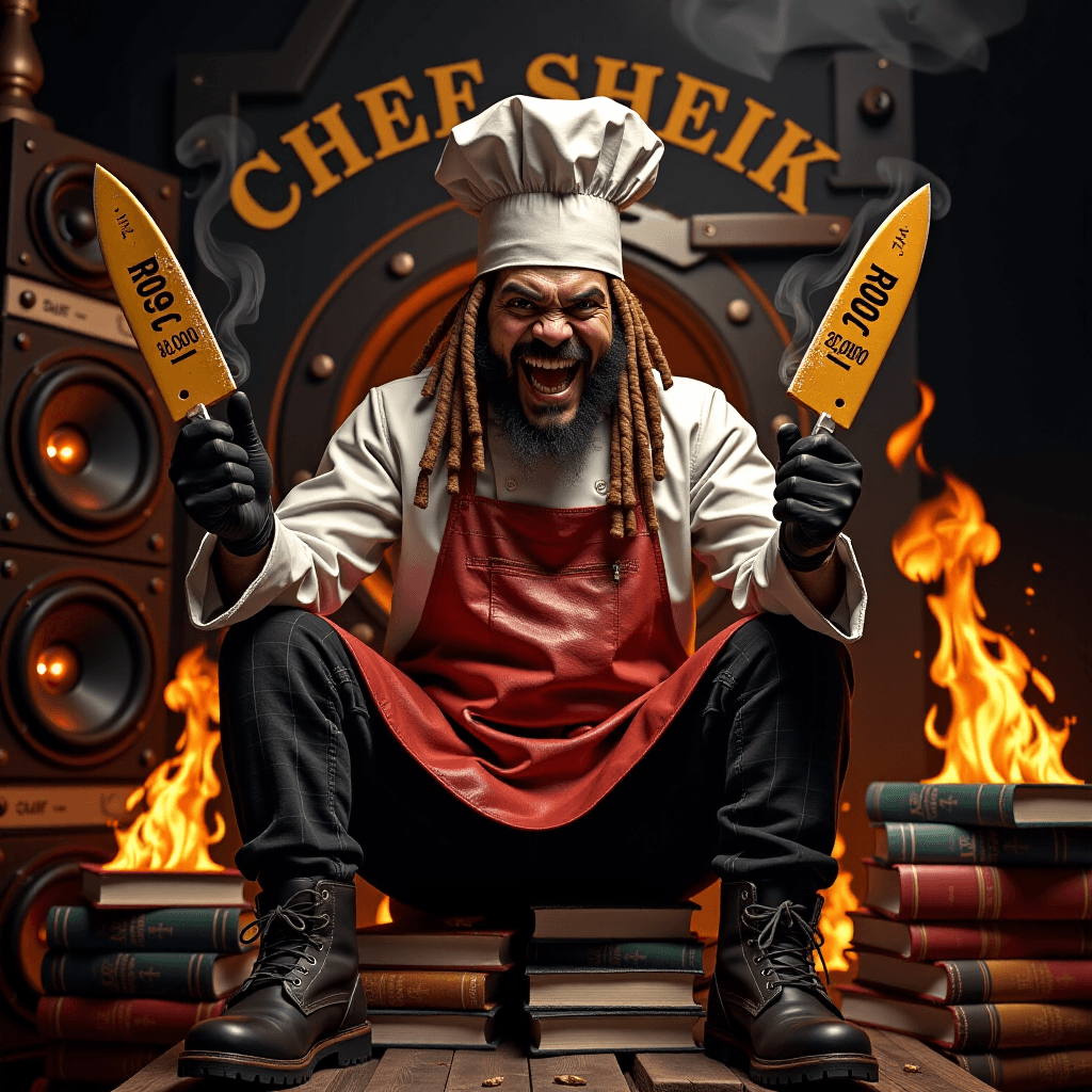 AI generated: "A crazy chef character with a sinister, food-stained chef's hat pulled low as a mask (intense eyes ...