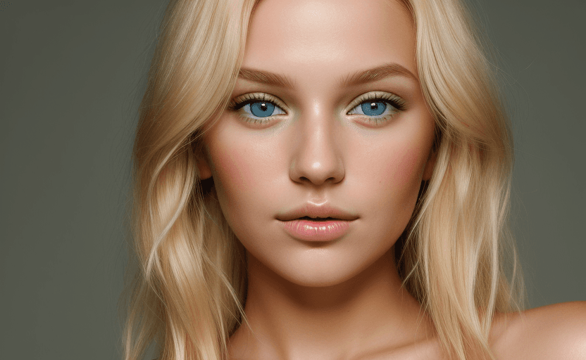 AI generated: close up beauty shot of young blonde woman with wild cropped blonde hair wearing natural makeup with...