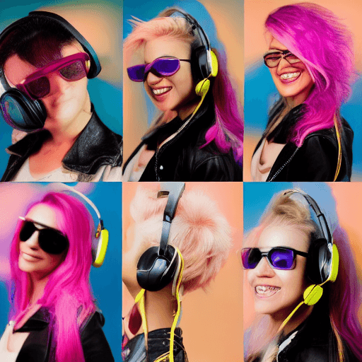 AI generated: beautiful (smiling:1) woman DJ with (pink hair:1.1) wearing (headphones:1.1) and sunglasses and a le...