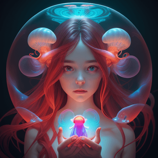 AI generated: cute girl holding red heart Goddess close-up portrait ribcagel. jellyfish phoenix head, nautilus, or...