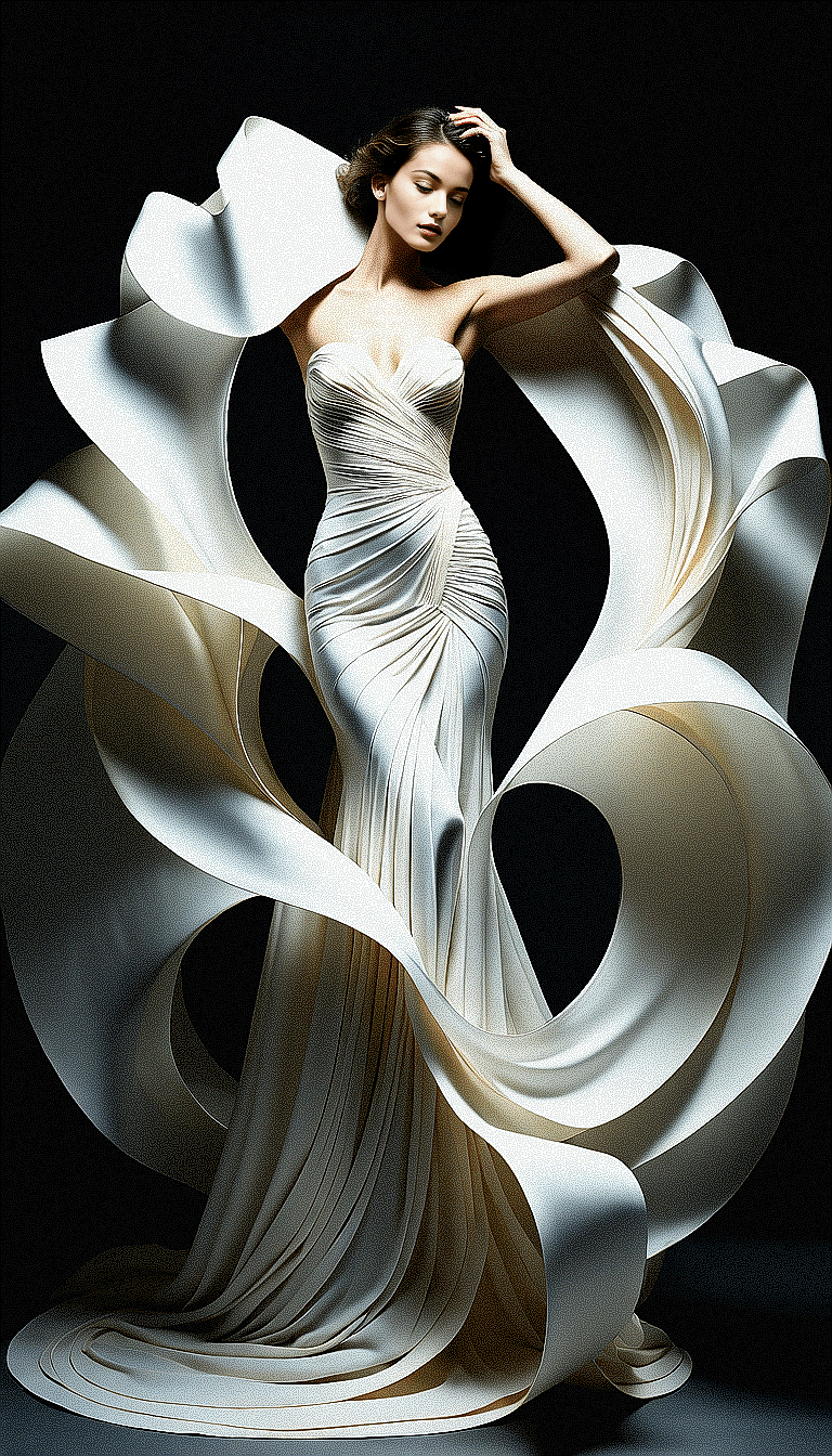 AI generated: The image is a full-length portrait of a woman in a flowing cream dress. The dress features a high n...
