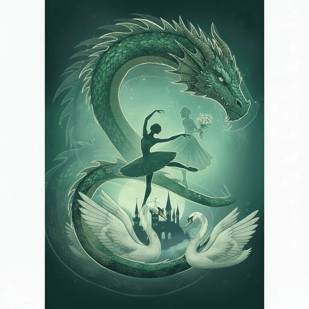AI generated: remove only two swans on the right from my emage!, add some transparent parts of the dragon body on ...