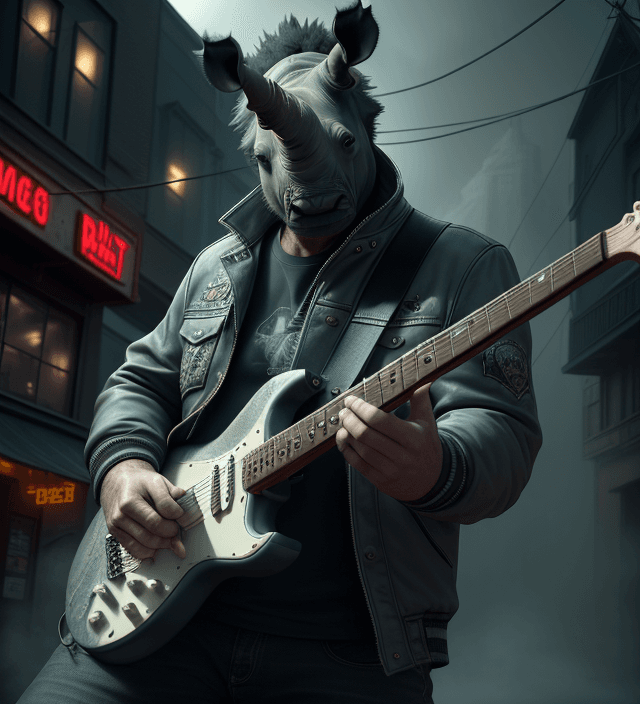 AI generated: Photo of a man playing electric guitar in the middle of a town with ultra realistic fog, dramatic li...