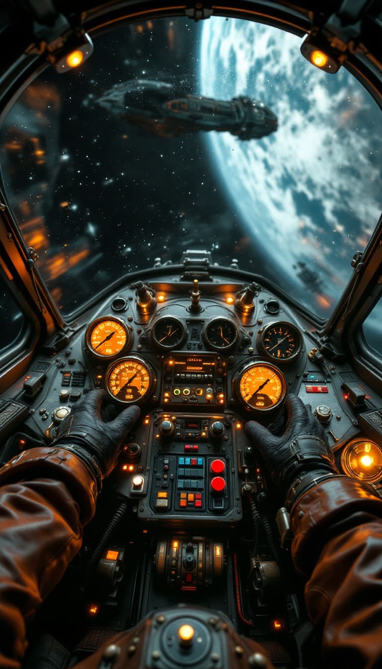 AI generated: First-person POV from the cockpit of a large steampunk-inspired spacecraft. The camera is fixed as i...