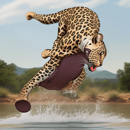 AI generated: a hyper realistic leopard in mid leap into a hippos back