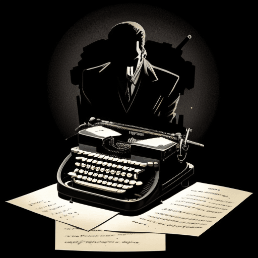 AI generated: illustration of a typewriter mixed with a gun, shooting a man's head, black background with poor lig...