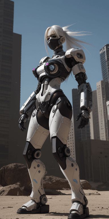 AI generated: urbanpunk, front angle shot, a pretty cyborg ninja with multicolor notched light cyberpunk armor, pr...