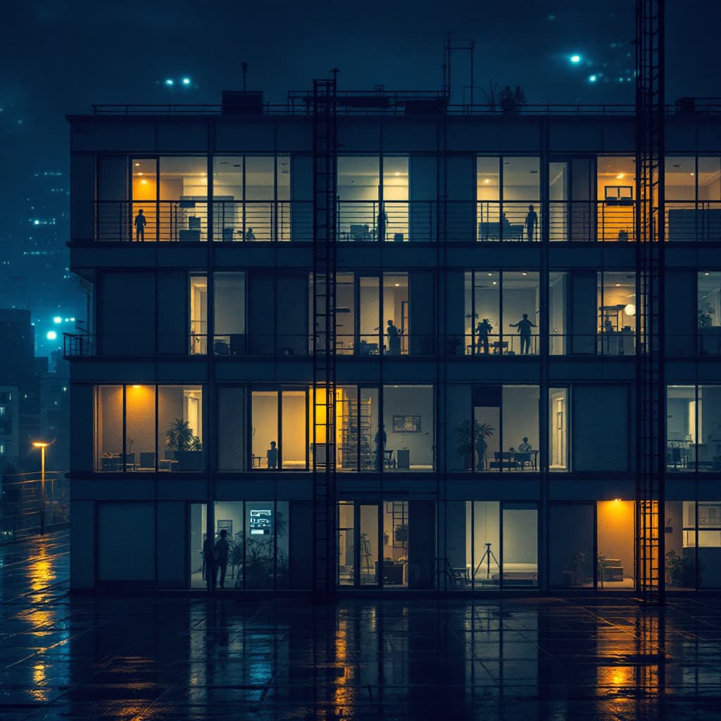 AI generated: photograph, productive, night , building 8 floor 
