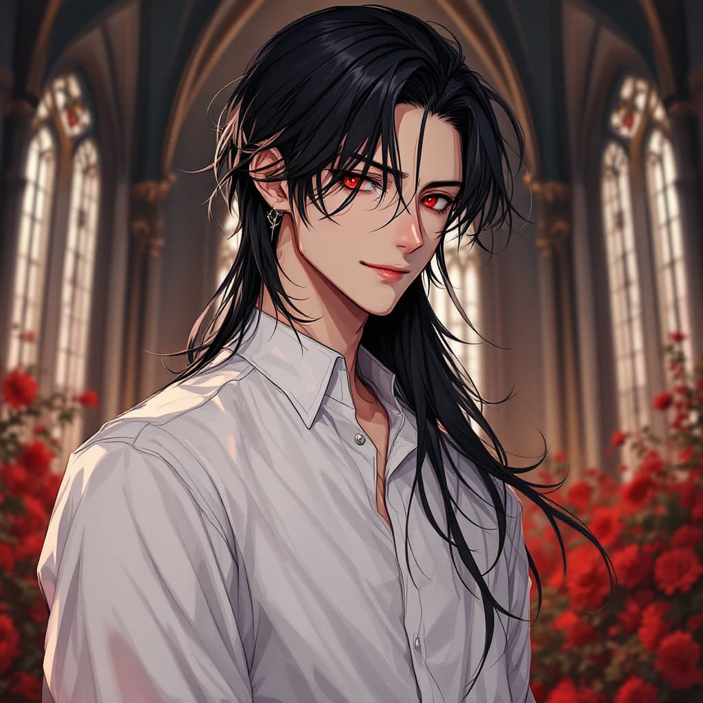AI generated: anime male, white shirt, red eyes, ilya kuvshinov style, black hair, long hair, midjourney male, kor...