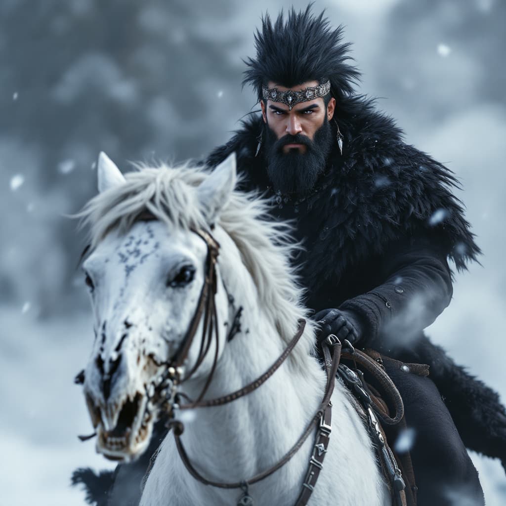 AI generated: Unreal engine, a hispanic male with a black beard, wearing a black wolf headdress, black fur coat in...