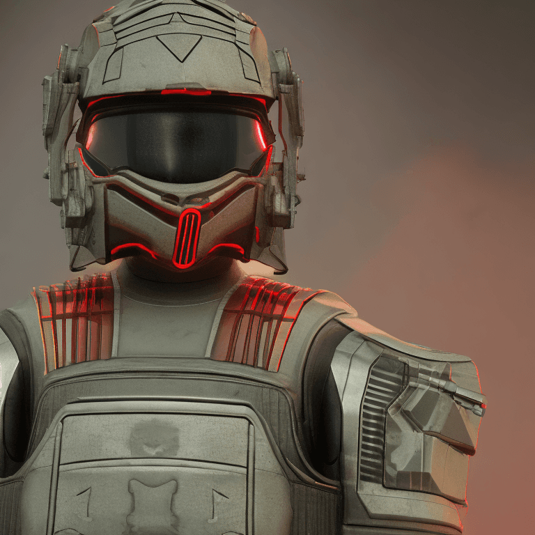 AI generated: Futuristic soldier with advanced armor, weaponry, and helmet, neon red, street, overcast, reflection...