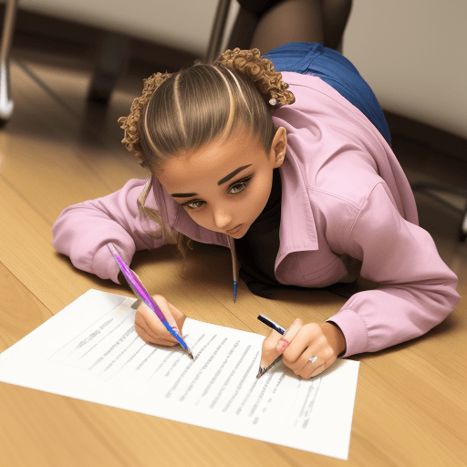 AI generated: Talia Mar, picking up a pen from the floor