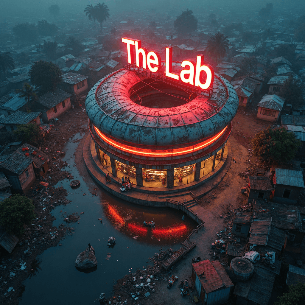 AI generated: photo top isometric angle of view of a donut-shaped illuminated shop-center building surrounded by e...