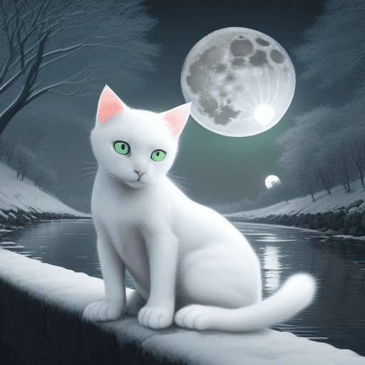 AI generated: A cute white cat , green eyes,, winter ,, a full moon, a deep river, and a mysterious image. It's ni...