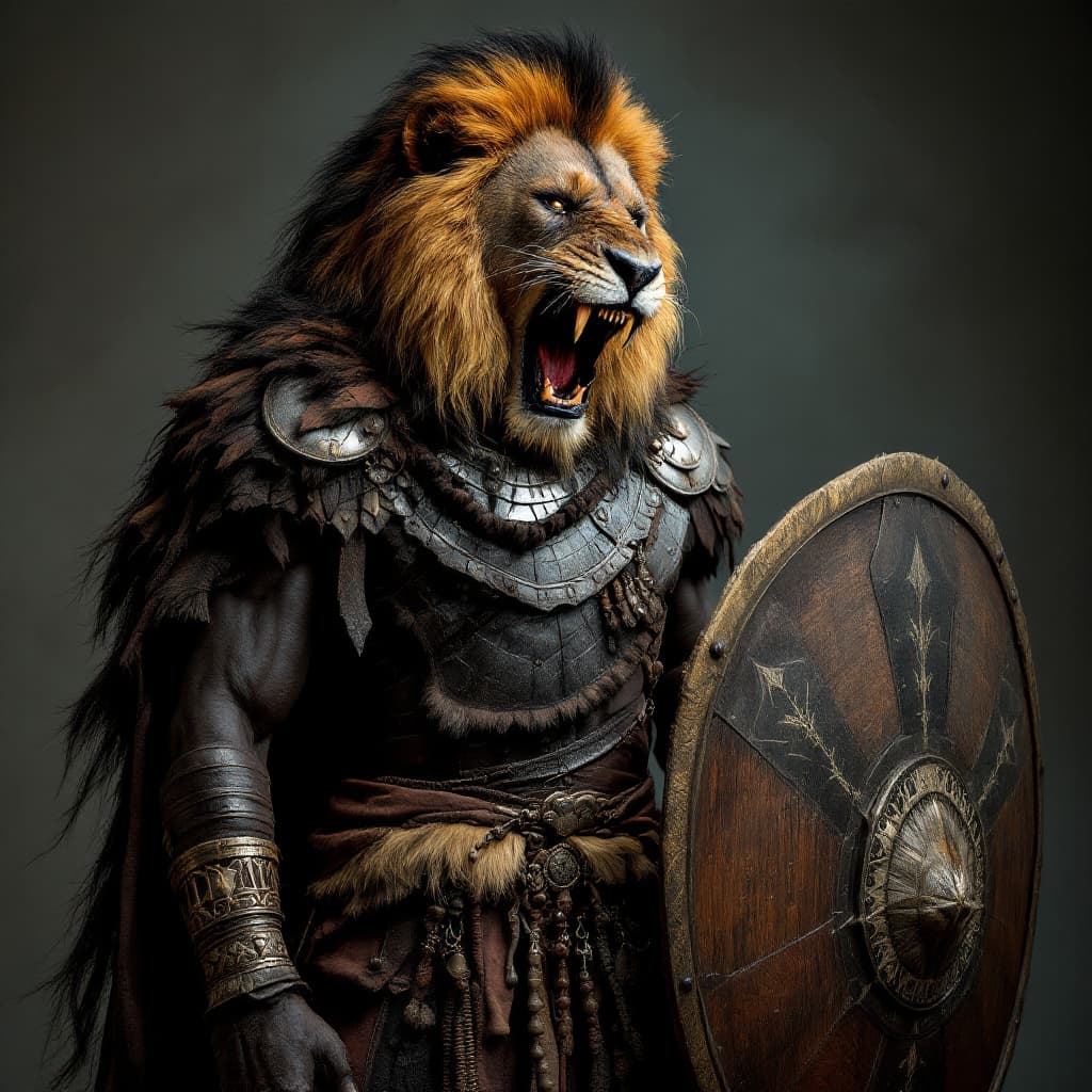 AI generated: A 14ft tall black African Warrior , with Zulu style armour with shield and Spear with the head oa a ...