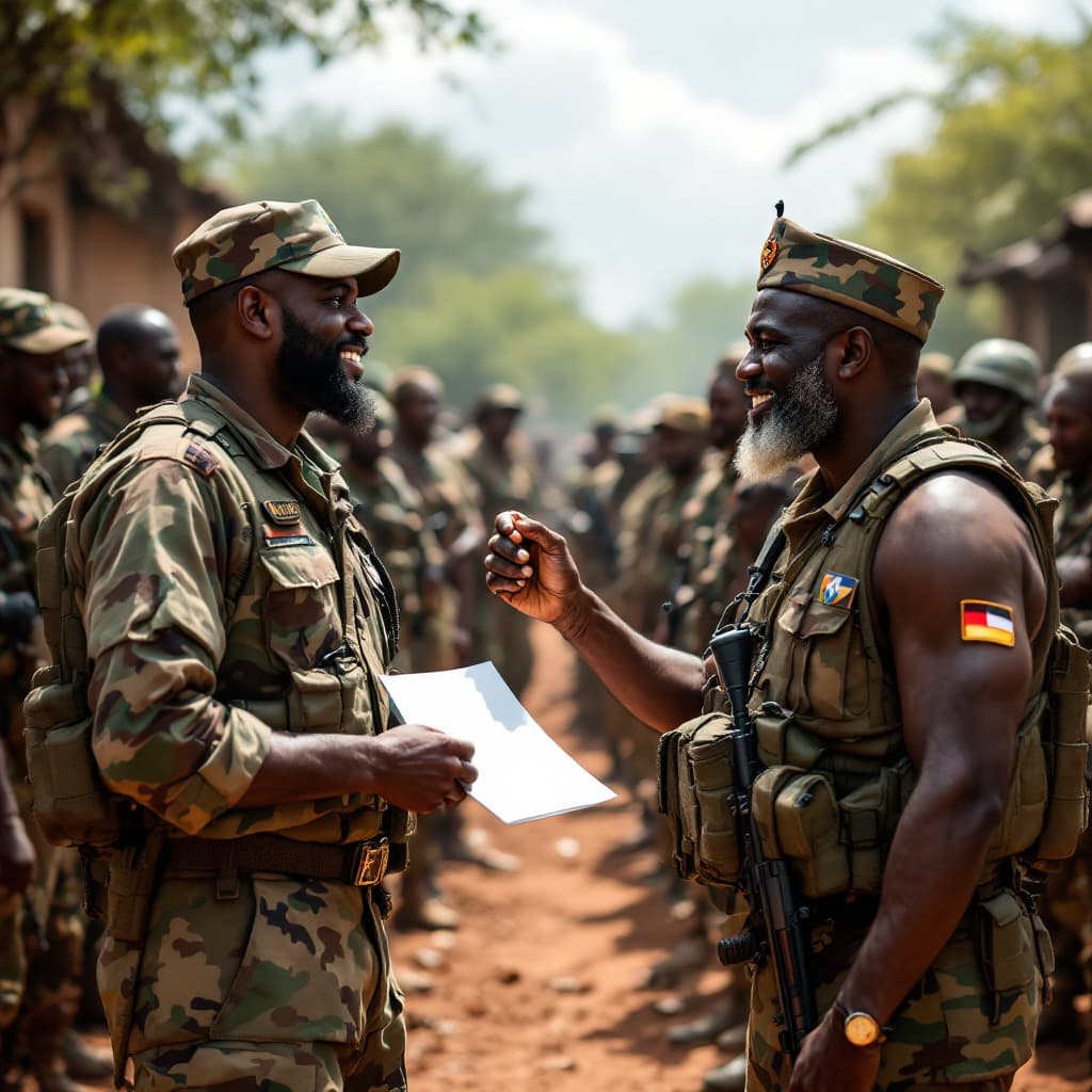 AI generated: Create a realistic human like image for me of two different armed groups in an Africa settings dropp...