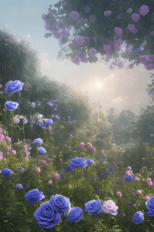 AI generated: << Garden factory, Tall factory, Many  blue rose, A few blue roses, clouds, ultra wide shot, atmosph...
