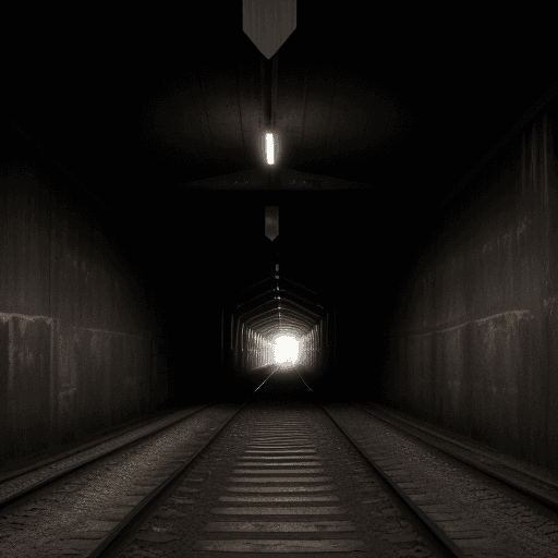 AI generated: a wooden board is hanging out of the tunnel where a tunnel entrance is, in the style of dark, moody ...