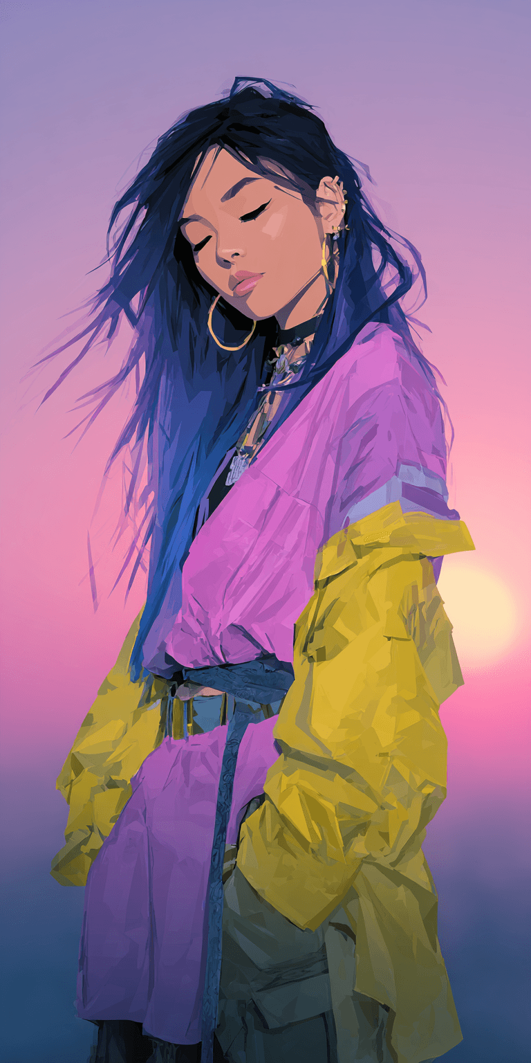 AI generated: a girl with blue hair with eyes closed, in the style of the stars art group (xing xing), yellow and ...