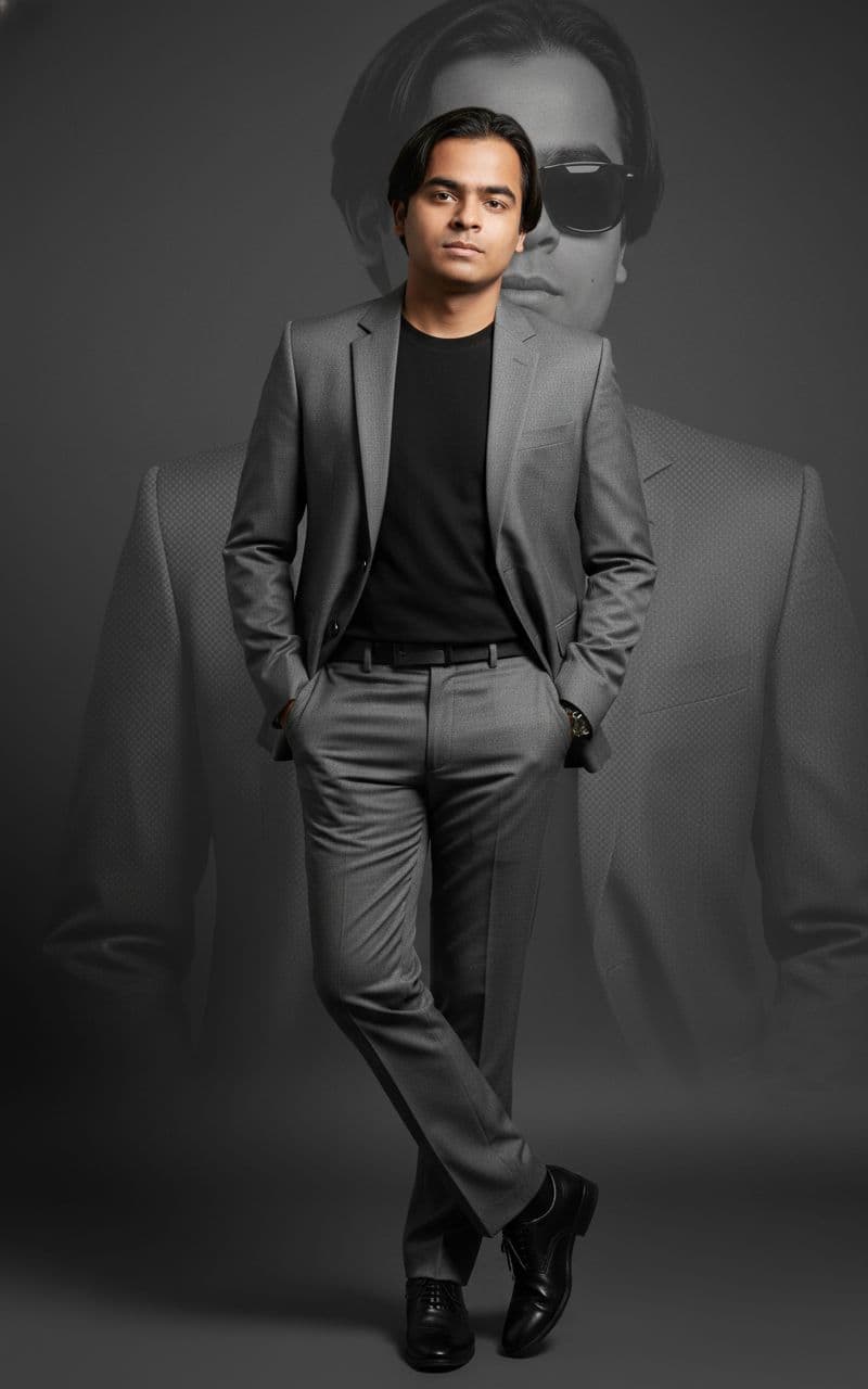 AI generated: A stylish young man wearing a modern slim-fit grey suit with a black t-shirt inside, standing confid...